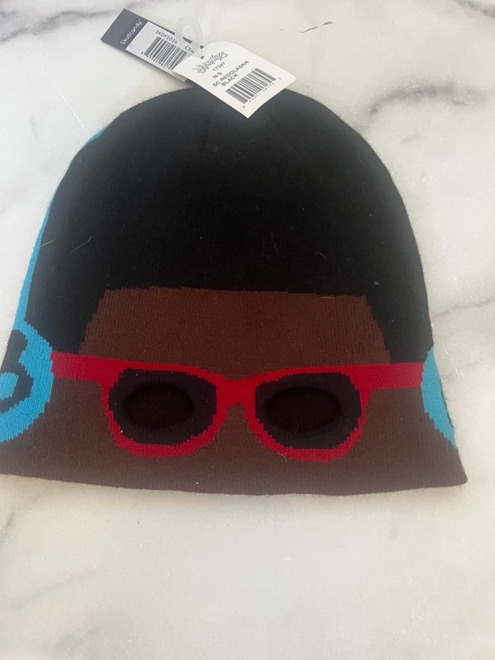 NWT Skullcandy Black Beanie with Red Sunglasses and Blue Earphones Graphic